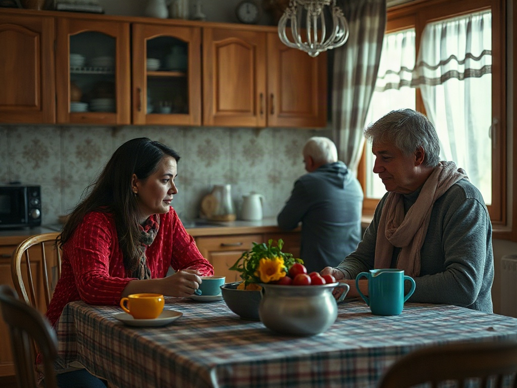 Женщина и мужчина беседуют за столом на кухне, в стороне сидит еще один мужчина. На столе еда и напитки.