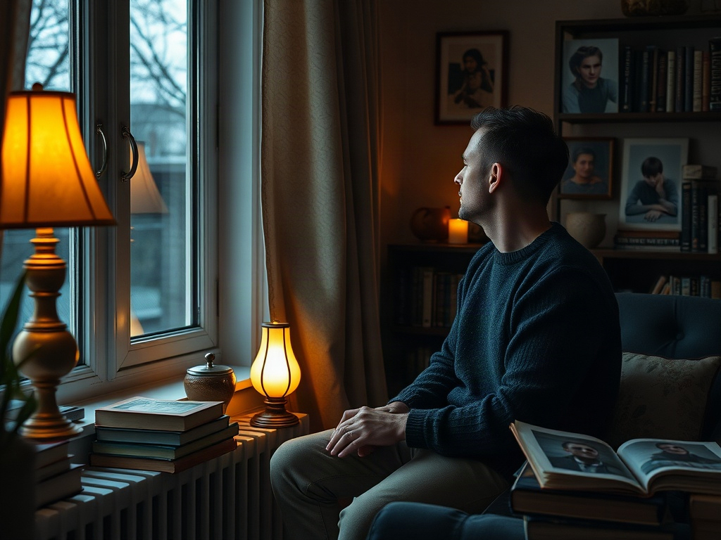 Мужчина в свитере сидит у окна и смотрит на улицу, рядом книги и лампа с теплым светом.
